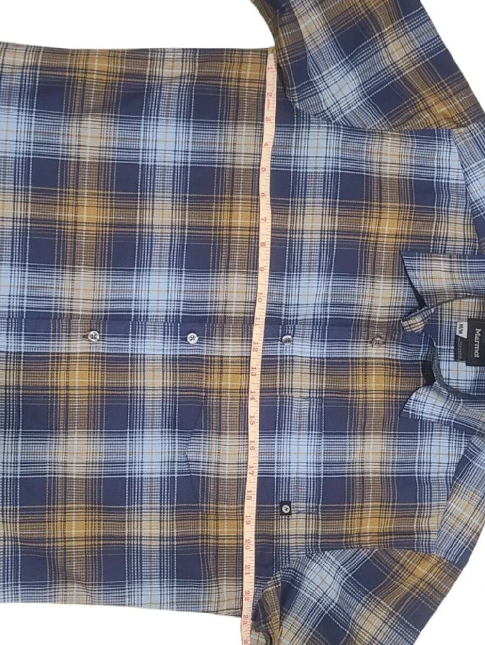 Marmot Men's M Plaid Short Sleeve Collared Button-Up Shirt Pockets Blue